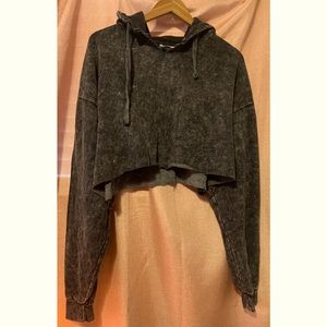 Cropped black acid wash / stone wash hoodie